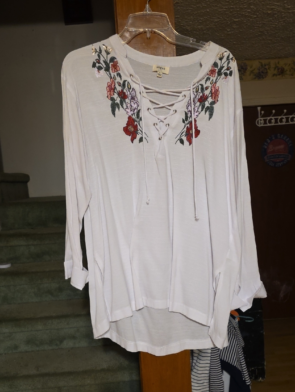 Umgee White Lace-Up Tunic with Multicolor Floral Embroidery